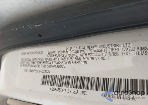 2007 Subaru Outback 2.5I z USA, uszkodzony, nr VIN 4S4BP61C877321135